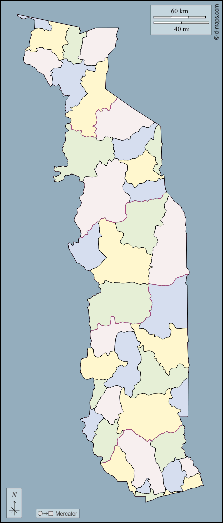 Togo : d-maps.com: carte géographique gratuite, carte géographique muette gratuite, carte vierge gratuite, fond de carte gratuit, formats graphiques courants : contours, préfectures, couleur