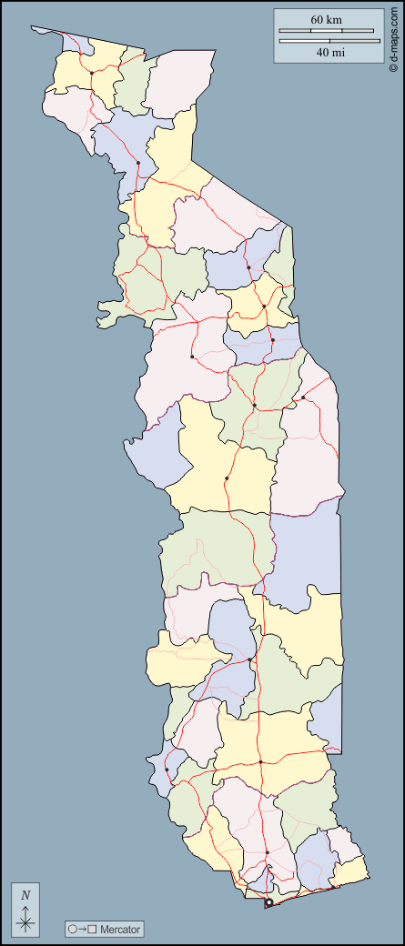 Togo : d-maps.com: free map, free blank map, free outline map, free base map : outline, prefectures, main cities, roads, color