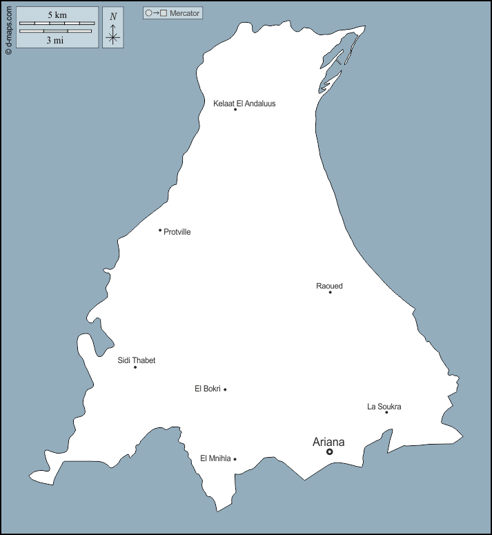 Ariana : d-maps.com: free map, free blank map, free outline map, free base map : outline, main cities, names
