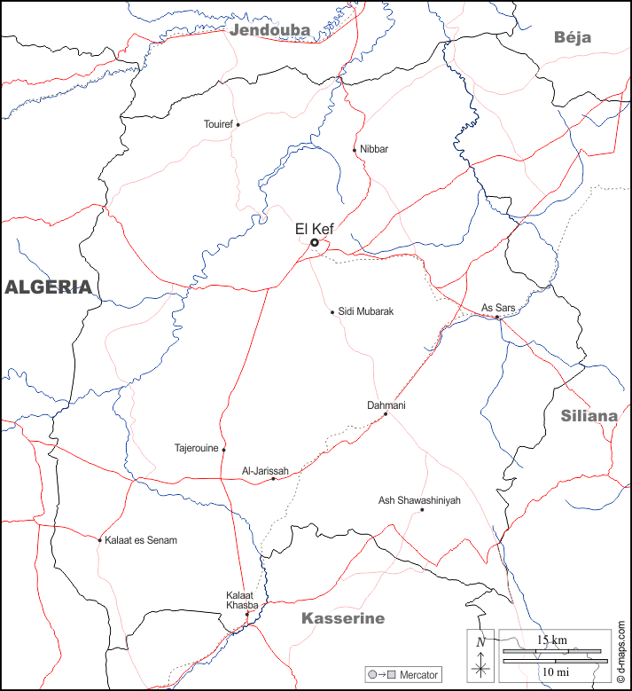 Kef : d-maps.com: carte géographique gratuite, carte géographique muette gratuite, carte vierge gratuite, fond de carte gratuit, formats graphiques courants : frontières, hydrographie, principales villes, routes, noms, blanc
