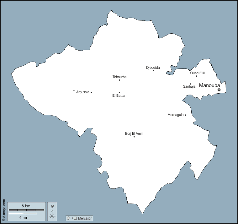 Manouba : d-maps.com: carte géographique gratuite, carte géographique muette gratuite, carte vierge gratuite, fond de carte gratuit, formats graphiques courants : contours, principales villes, noms