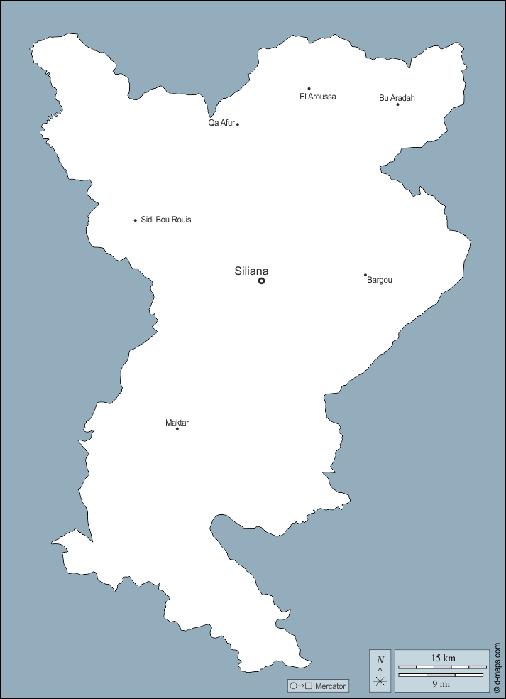 Siliana : d-maps.com: mapa livre, mapa em branco livre, mapa livre do esboço, mapa básico livre
 : contornos, principais cidades, nomes