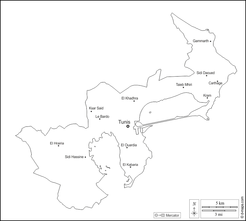 Тунис : d-maps.com: Бесплатная карта, бесплатная карта, свободная карта, Бесплатная базовая карта
 : контур, Главные города, имена, Белый