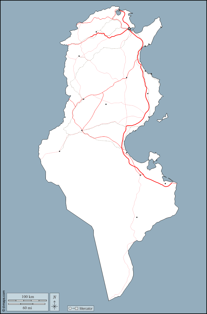 Tunisie : d-maps.com: carte géographique gratuite, carte géographique muette gratuite, carte vierge gratuite, fond de carte gratuit, formats graphiques courants : contours, principales villes, routes