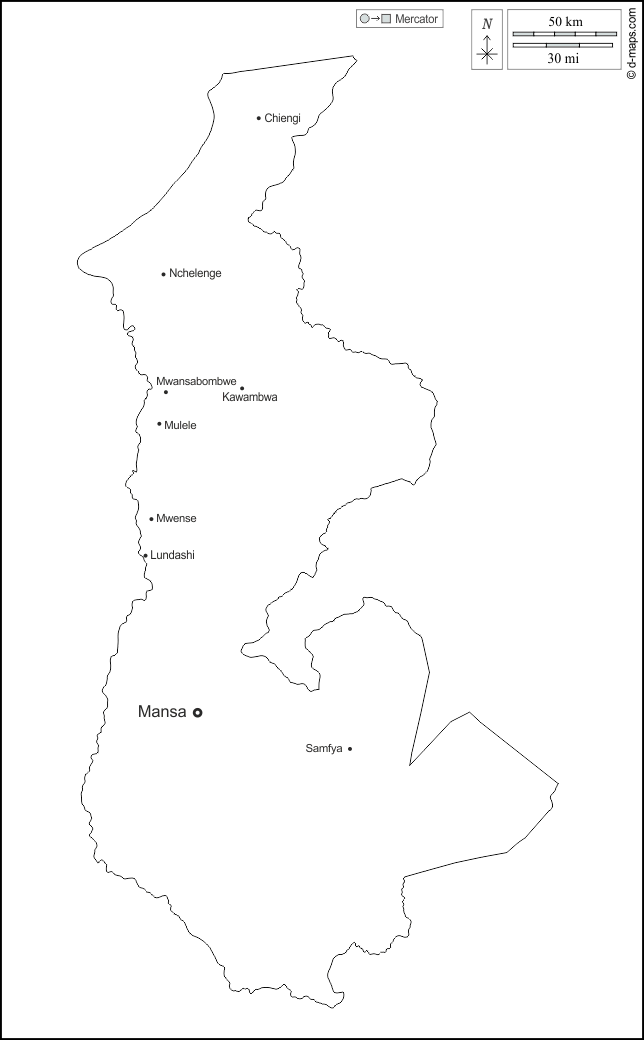 Luapula : d-maps.com: carte géographique gratuite, carte géographique muette gratuite, carte vierge gratuite, fond de carte gratuit, formats graphiques courants : contours, principales villes, noms, blanc