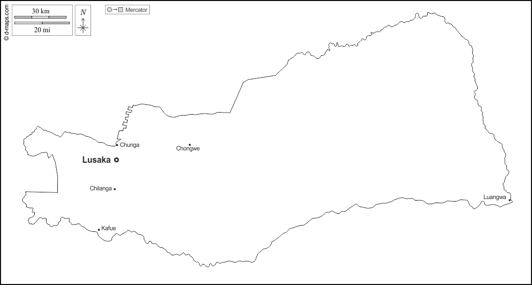 Lusaka : d-maps.com: carte géographique gratuite, carte géographique muette gratuite, carte vierge gratuite, fond de carte gratuit, formats graphiques courants : contours, principales villes, noms, blanc