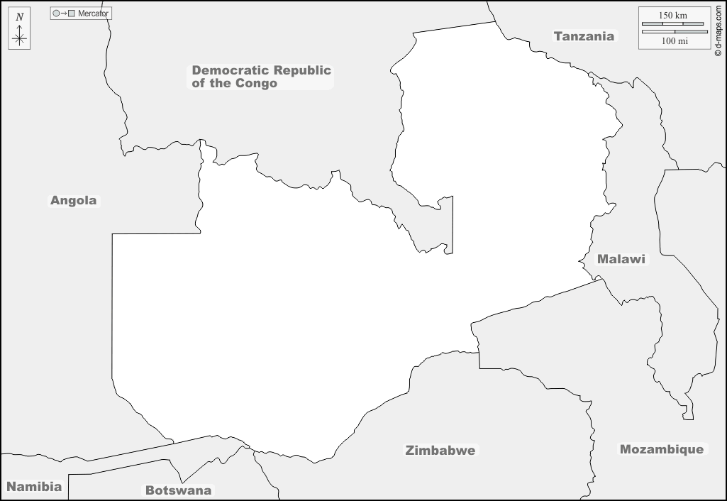 ザンビア : d-maps.com: 無料地図, 無料の空の地図, 無料のアウトラインマップ, 無料のベースマップ
 : 境界, 名前