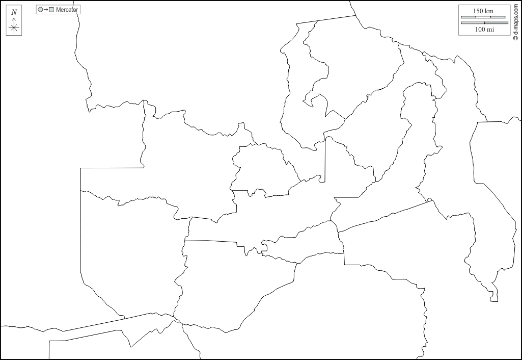 Zambia : d-maps.com: mapa gratuito, mapa mudo gratuito, mapa en blanco gratuito, plantilla de mapa : fronteras, provincias, blanco