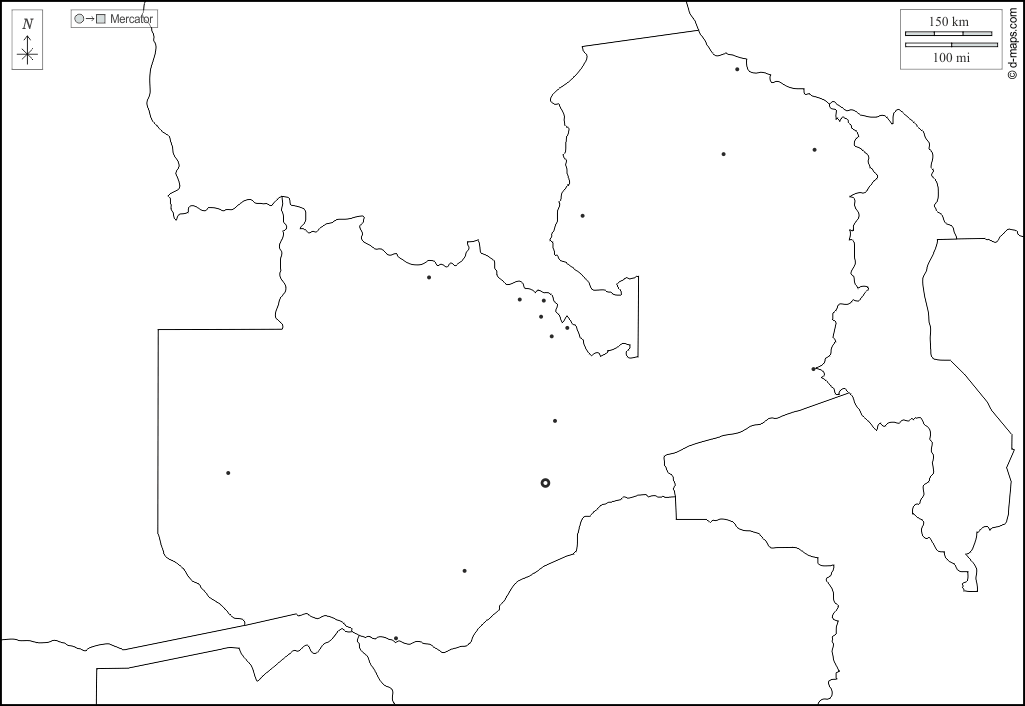 Zambia : d-maps.com: mapa gratuito, mapa mudo gratuito, mapa en blanco gratuito, plantilla de mapa : fronteras, principales ciudades, blanco