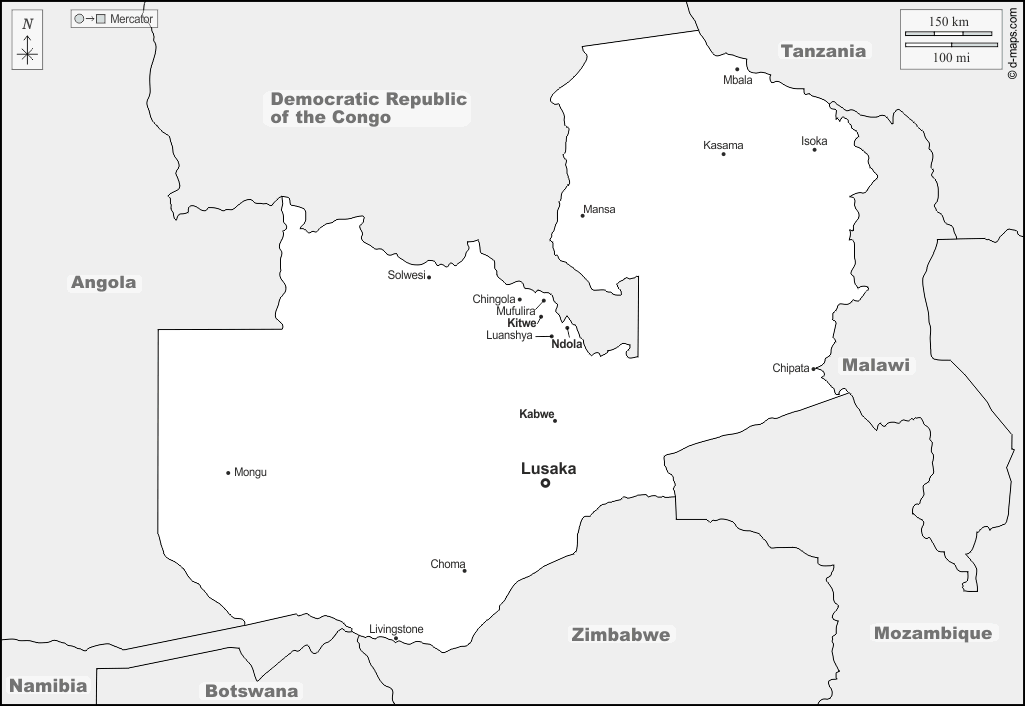 Zambia : d-maps.com: mapa gratuito, mapa mudo gratuito, mapa en blanco gratuito, plantilla de mapa : fronteras, principales ciudades, nombres