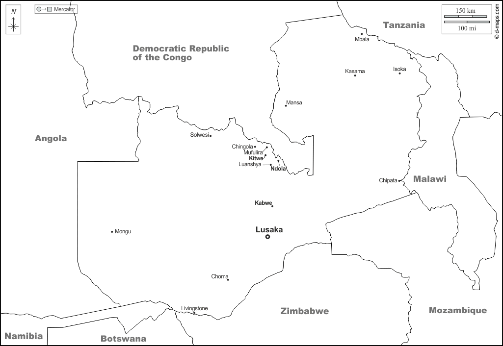 زامبيا : خريطة مجانية, خريطة خاليه من الفراغ, خريطة الخطوط العريضة, خريطة القاعدة الحرة
 : حدود, المدن الرئيسية, أسماء, أبيض