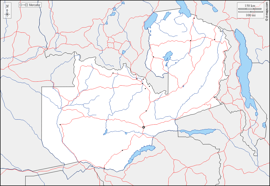 ザンビア : d-maps.com: 無料地図, 無料の空の地図, 無料のアウトラインマップ, 無料のベースマップ
 : 境界, 川と湖, 主要都市, 道路