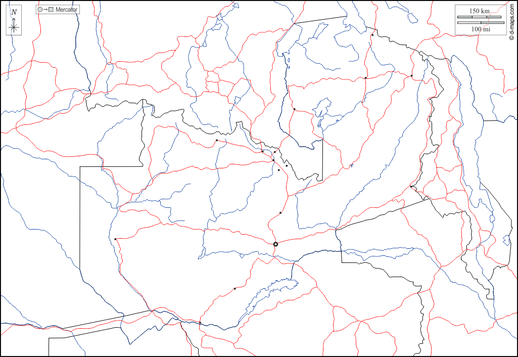 ザンビア : d-maps.com: 無料地図, 無料の空の地図, 無料のアウトラインマップ, 無料のベースマップ
 : 境界, 川と湖, 主要都市, 道路, 白い