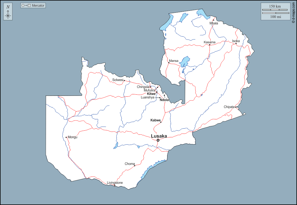 Zâmbia : d-maps.com: mapa livre, mapa em branco livre, mapa livre do esboço, mapa básico livre
 : contornos, hidrografia, principais cidades, estradas, nomes