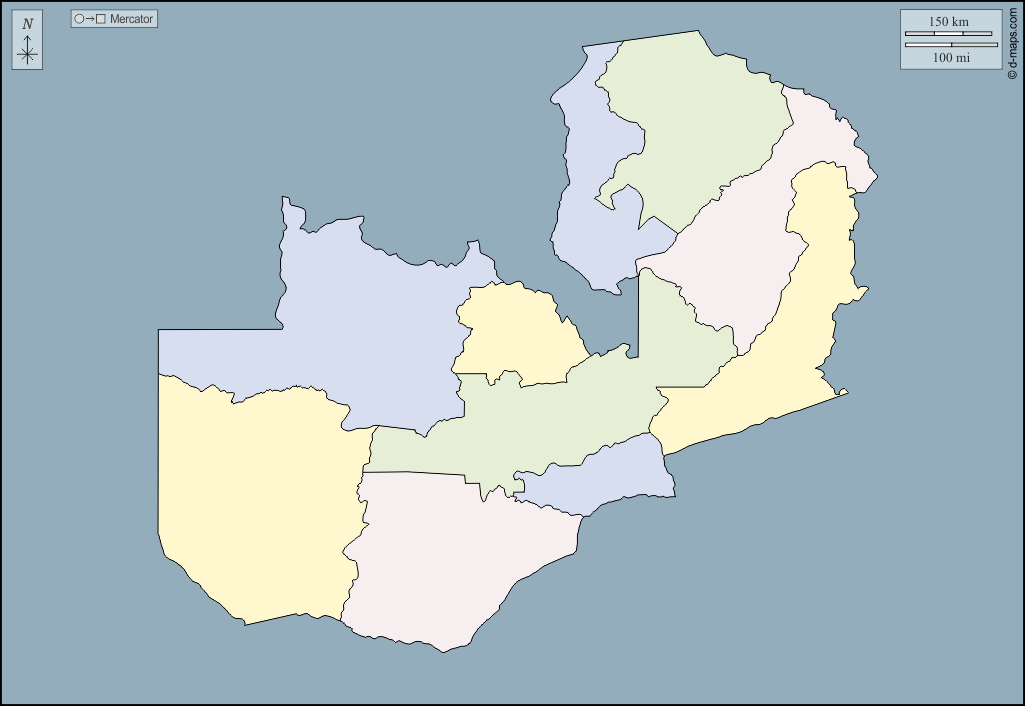 Zambie : d-maps.com: carte géographique gratuite, carte géographique muette gratuite, carte vierge gratuite, fond de carte gratuit, formats graphiques courants : contours, provinces, couleur