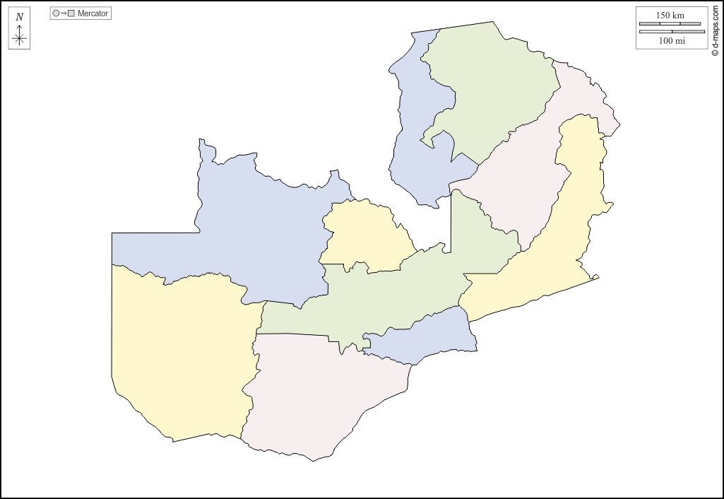 Zambia : d-maps.com: mappa gratuita, mappa muta gratuita, cartina muta gratuita : contorni, province, colore, bianco
