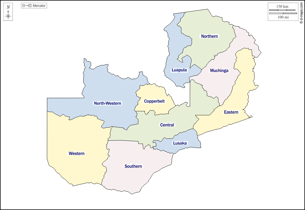 Zambie : d-maps.com: carte géographique gratuite, carte géographique muette gratuite, carte vierge gratuite, fond de carte gratuit, formats graphiques courants : contours, provinces, noms, couleur, blanc