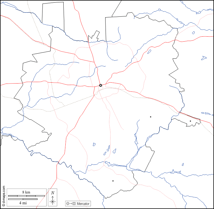 ハラレ : d-maps.com: 無料地図, 無料の空の地図, 無料のアウトラインマップ, 無料のベースマップ
 : 境界, 川と湖, 主要都市, 道路, 白い