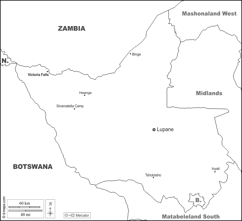 Matabeleland Settentrionale : d-maps.com: mappa gratuita, mappa muta gratuita, cartina muta gratuita : frontiere, principali città, nomi, bianco