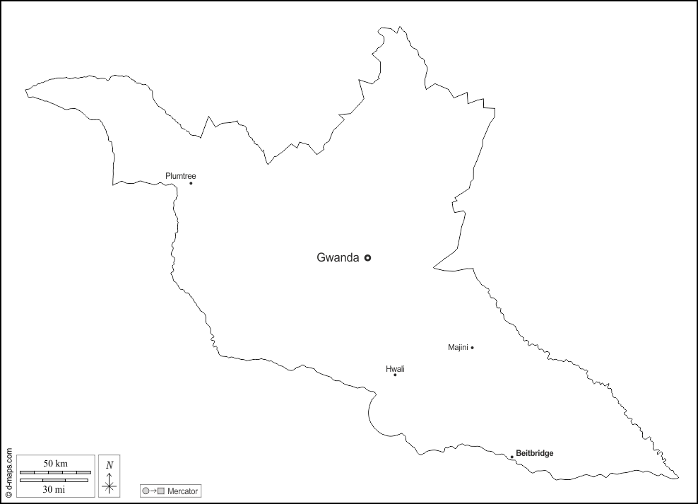 Matabeleland méridional : d-maps.com: carte géographique gratuite, carte géographique muette gratuite, carte vierge gratuite, fond de carte gratuit, formats graphiques courants : contours, principales villes, noms, blanc