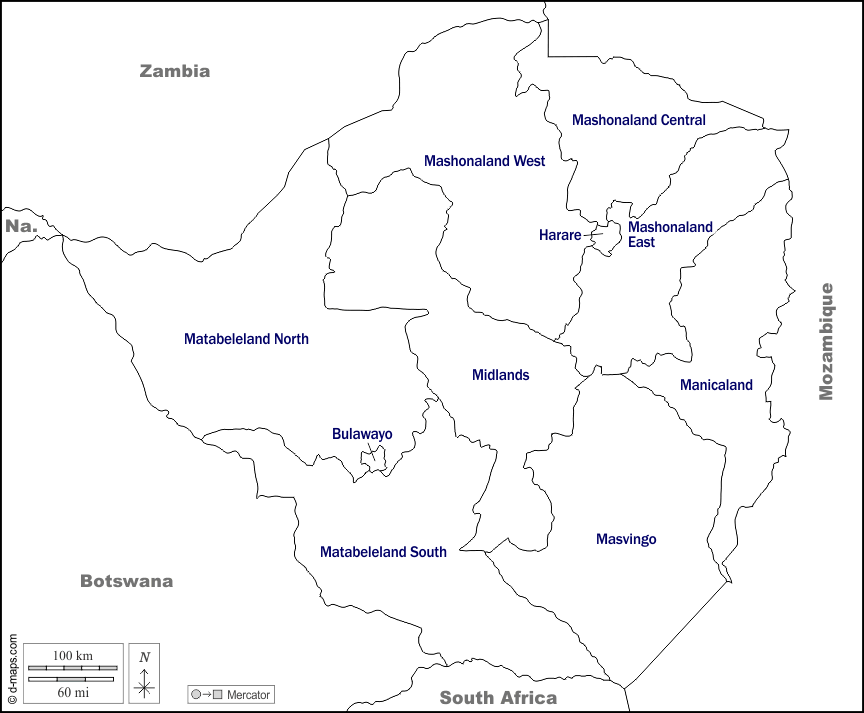 辛巴威 : d-maps.com: 免费地图, 免费的空白地图, 免费的轮廓地图, 免费基地地图 : 边界, 省, 名称, 白