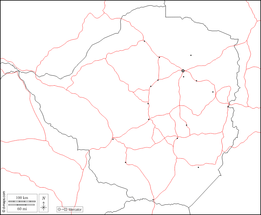 Zimbabwe : d-maps.com: free map, free blank map, free outline map, free base map : boundaries, main cities, roads, white