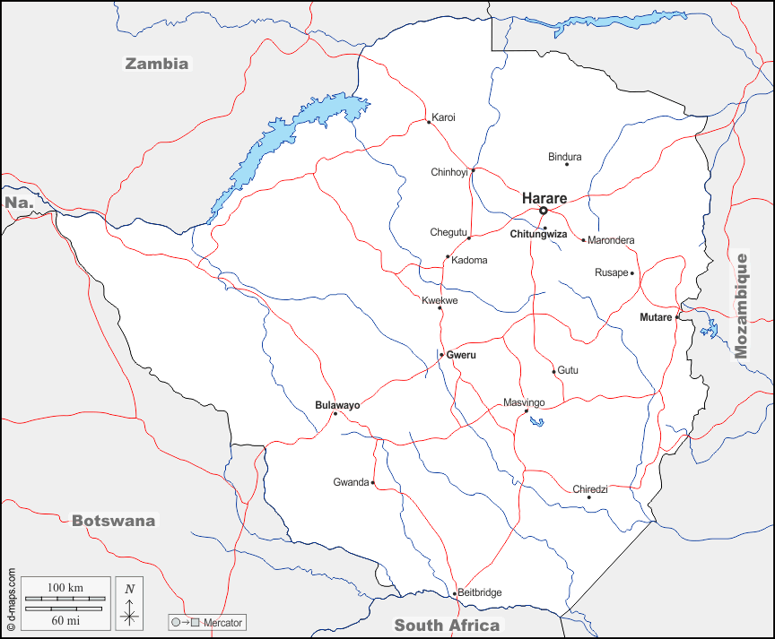 Zimbabwe : d-maps.com: mapa livre, mapa em branco livre, mapa livre do esboço, mapa básico livre
 : fronteiras, hidrografia, principais cidades, estradas, nomes