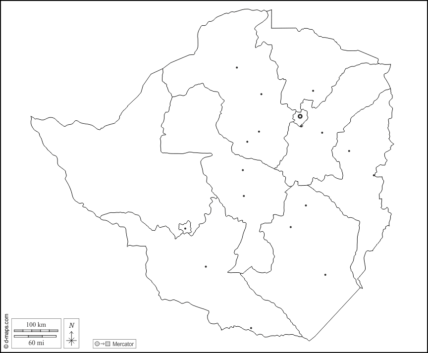 辛巴威 : d-maps.com: 免费地图, 免费的空白地图, 免费的轮廓地图, 免费基地地图 : 大纲, 省, 主要城市, 白