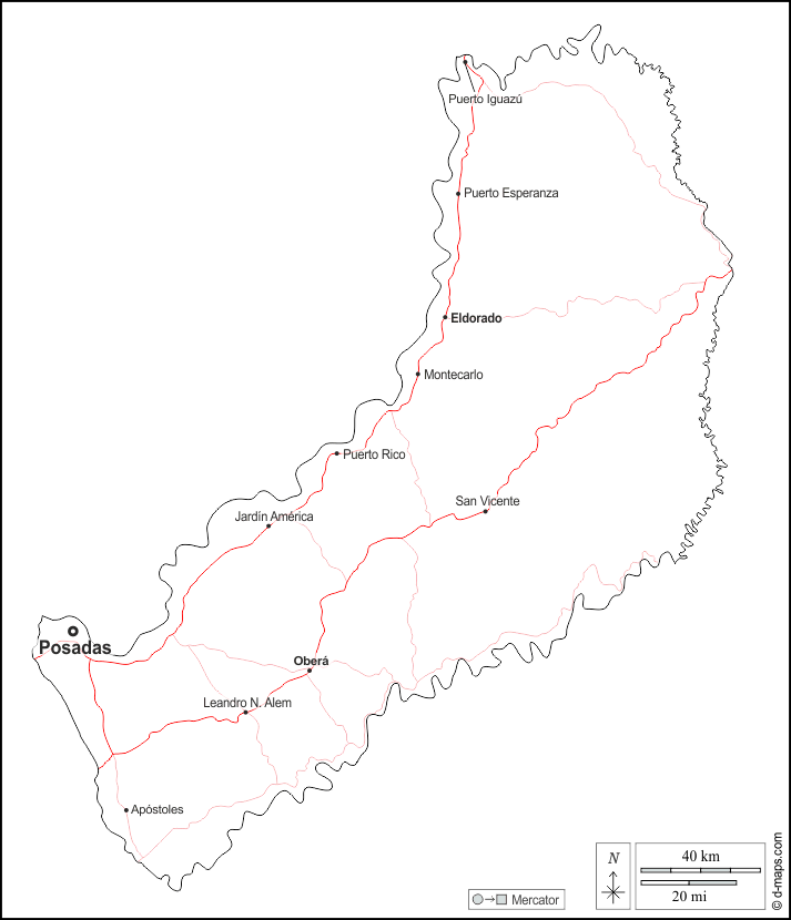 Provincia di Misiones : d-maps.com: mappa gratuita, mappa muta gratuita, cartina muta gratuita : contorni, principali città, strade, nomi, bianco