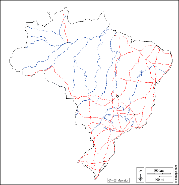 Brasile : d-maps.com: mappa gratuita, mappa muta gratuita, cartina muta gratuita : contorni, idrografia, principali città, strade, bianco