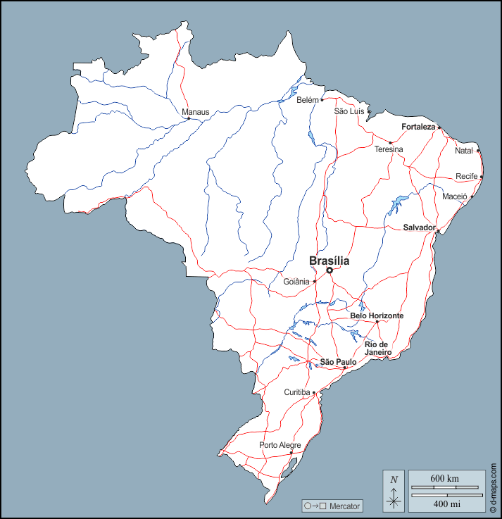 Brazil : d-maps.com: free map, free blank map, free outline map, free base map : outline, hydrography, main cities, roads, names