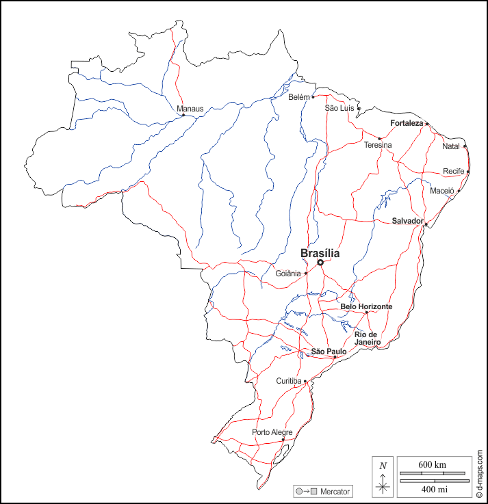 Brasile : d-maps.com: mappa gratuita, mappa muta gratuita, cartina muta gratuita : contorni, idrografia, principali città, strade, nomi, bianco