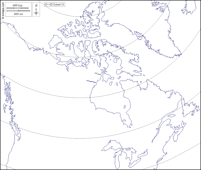كندا : خريطة مجانية, خريطة خاليه من الفراغ, خريطة الخطوط العريضة, خريطة القاعدة الحرة
 : سواحل, خط العرض, أبيض