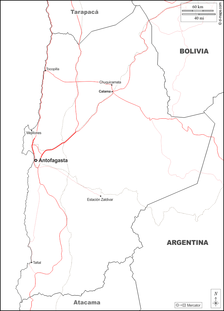 安托法加斯塔省 : d-maps.com: 免费地图, 免费的空白地图, 免费的轮廓地图, 免费基地地图 : 边界, 主要城市, 道路, 名称, 白