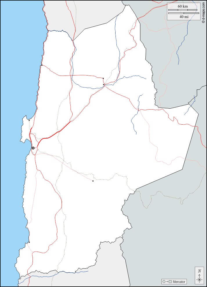 安托法加斯塔省 : d-maps.com: 免费地图, 免费的空白地图, 免费的轮廓地图, 免费基地地图 : 边界, 水文学, 主要城市, 道路