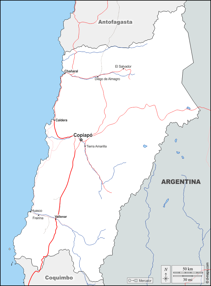 إقليم أتاكاما : خريطة مجانية, خريطة خاليه من الفراغ, خريطة الخطوط العريضة, خريطة القاعدة الحرة
 : حدود, هيدروغرافيا, المدن الرئيسية, الطرق, أسماء