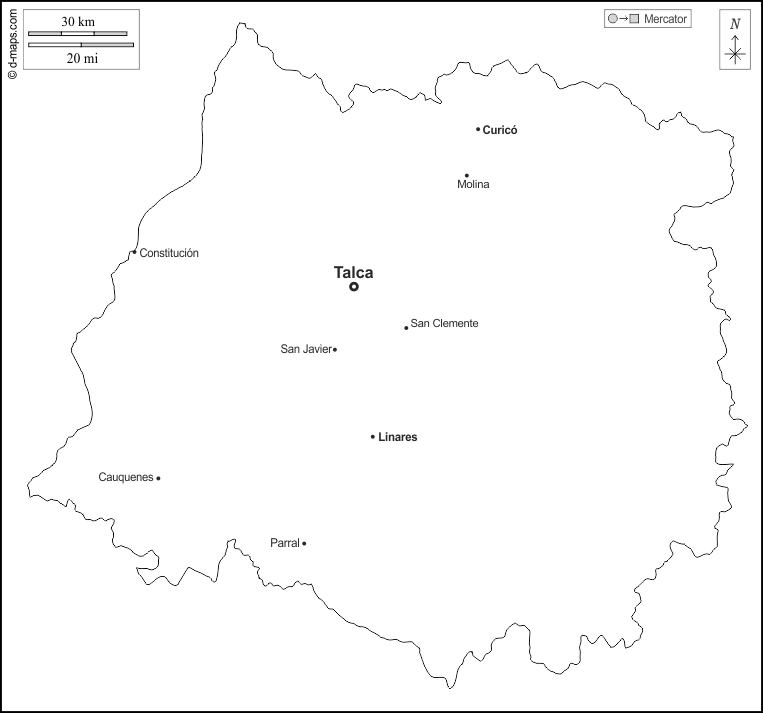 Maule Region : d-maps.com: free map, free blank map, free outline map, free base map : outline, main cities, names, white