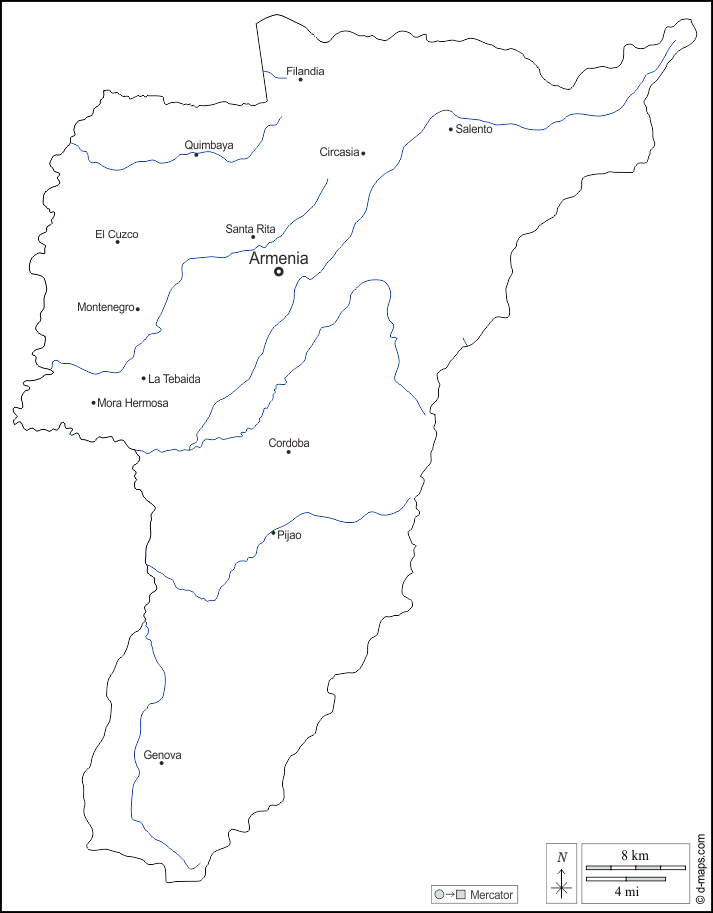 Departamento del Quindío : d-maps.com: mapa gratuito, mapa mudo gratuito, mapa en blanco gratuito, plantilla de mapa : contornos, hidrografía, principales ciudades, nombres, blanco