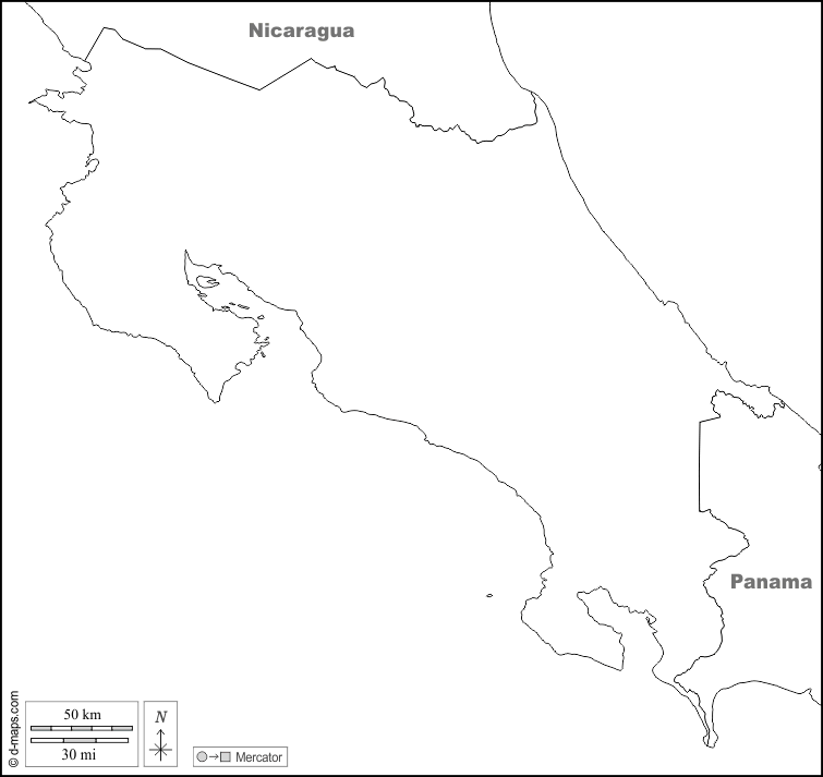 Costa Rica : d-maps.com: mapa gratuito, mapa mudo gratuito, mapa en blanco gratuito, plantilla de mapa : fronteras, nombres, blanco