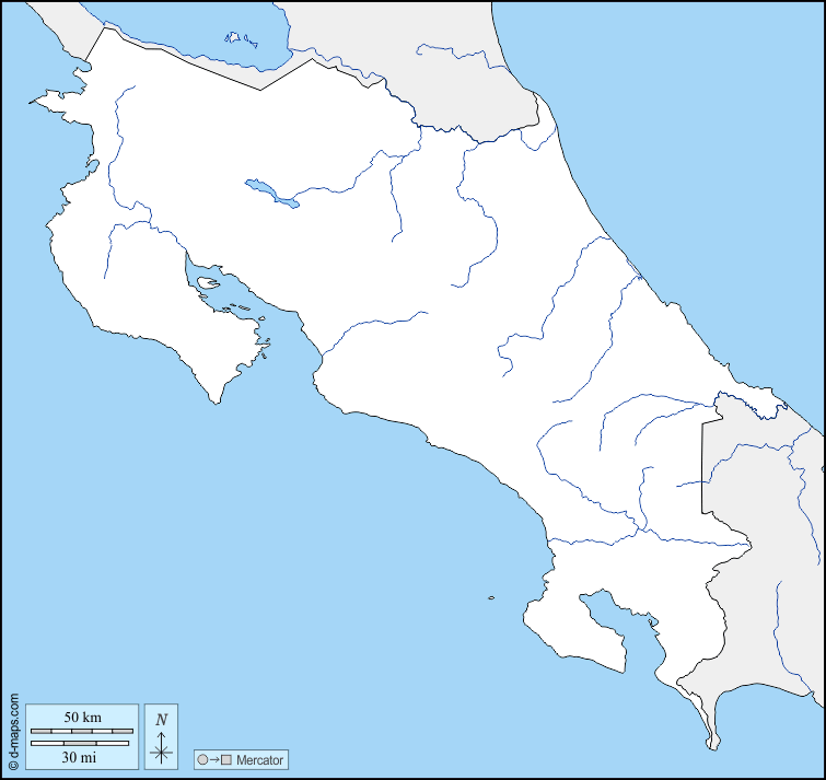 Costa Rica : d-maps.com: mapa gratuito, mapa mudo gratuito, mapa en blanco gratuito, plantilla de mapa : fronteras, hidrografía