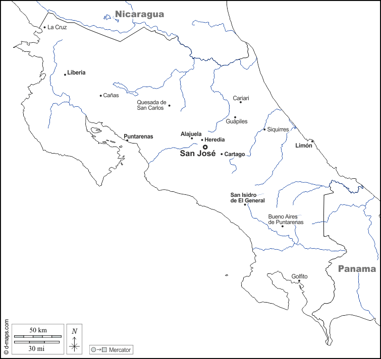 Costa Rica : d-maps.com: mapa gratuito, mapa mudo gratuito, mapa en blanco gratuito, plantilla de mapa : fronteras, hidrografía, principales ciudades, nombres, blanco