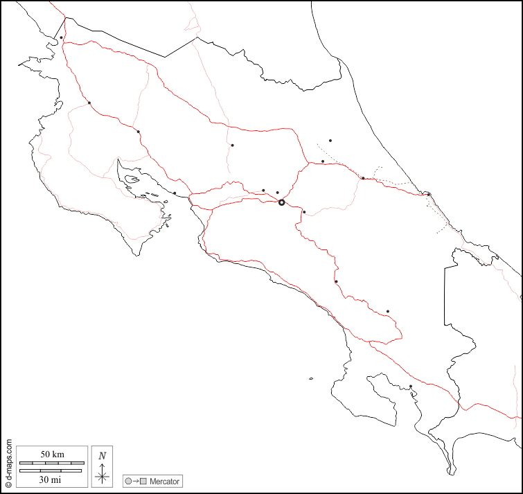 Costa Rica : d-maps.com: mapa gratuito, mapa mudo gratuito, mapa en blanco gratuito, plantilla de mapa : fronteras, principales ciudades, carreteras, blanco