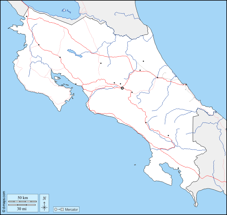 Costa Rica : d-maps.com: mapa gratuito, mapa mudo gratuito, mapa en blanco gratuito, plantilla de mapa : fronteras, hidrografía, principales ciudades, carreteras