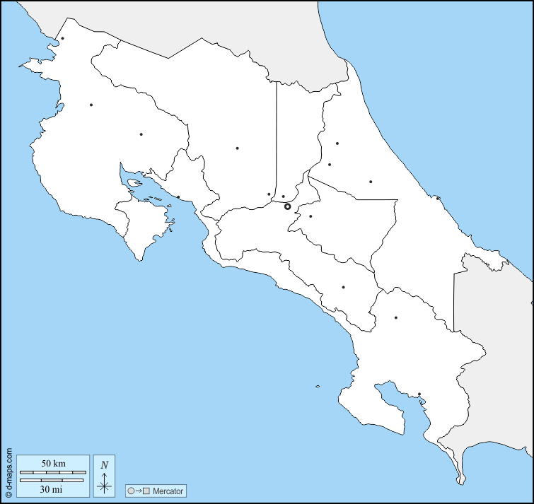 Costa Rica : d-maps.com: mapa gratuito, mapa mudo gratuito, mapa en blanco gratuito, plantilla de mapa : fronteras, provincias, principales ciudades