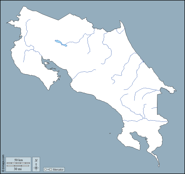 Costa Rica : d-maps.com: mapa gratuito, mapa mudo gratuito, mapa en blanco gratuito, plantilla de mapa : contornos, hidrografía