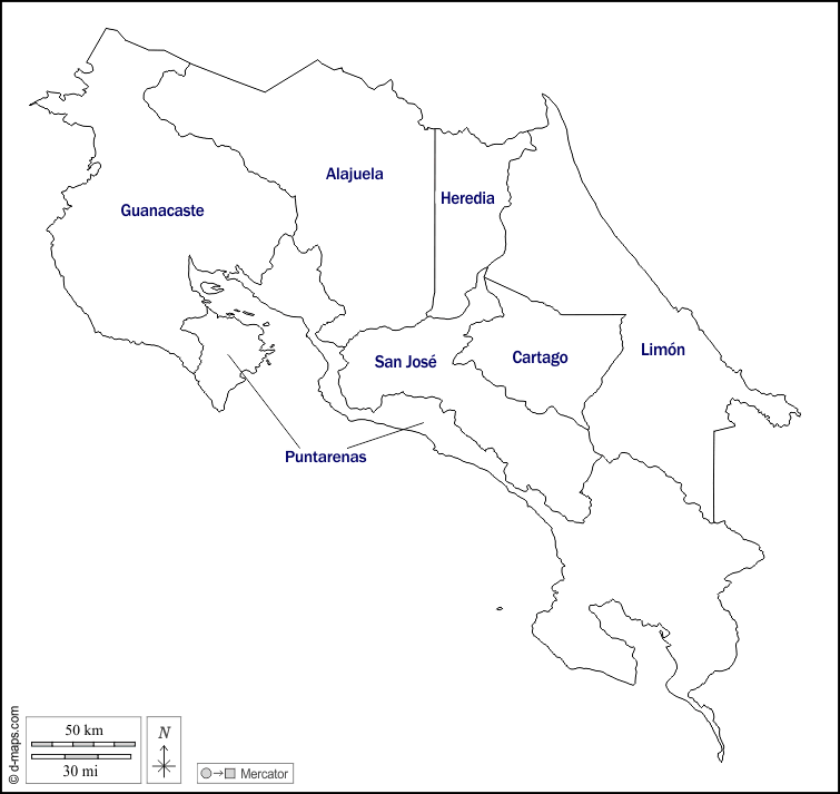 Costa Rica : d-maps.com: mapa gratuito, mapa mudo gratuito, mapa en blanco gratuito, plantilla de mapa : contornos, provincias, nombres, blanco