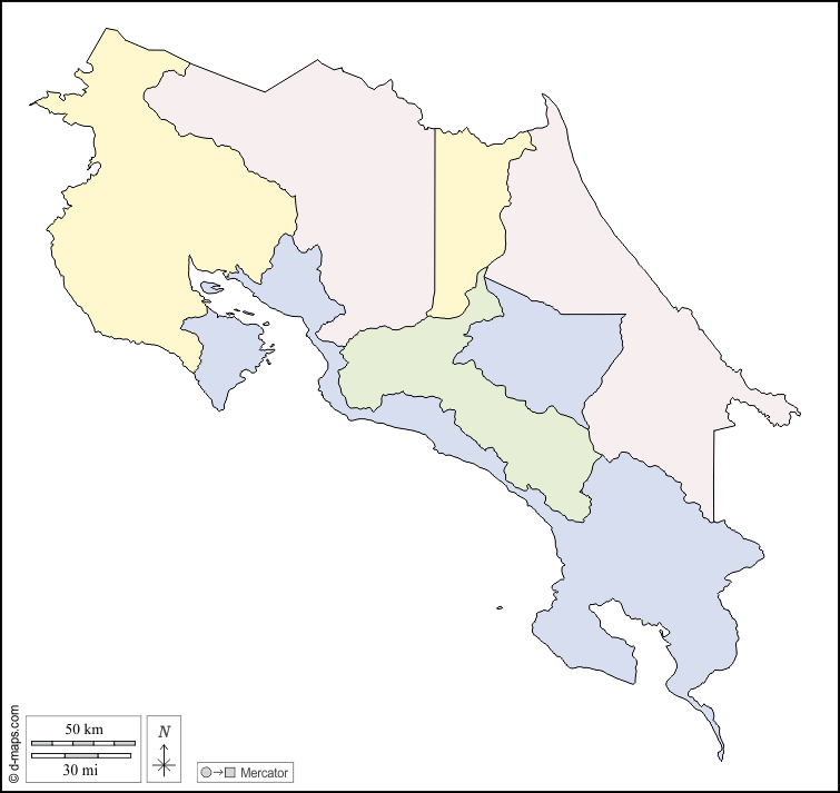 Costa Rica : d-maps.com: mapa gratuito, mapa mudo gratuito, mapa en blanco gratuito, plantilla de mapa : contornos, provincias, color, blanco