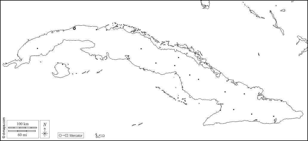 Cuba : d-maps.com: mappa gratuita, mappa muta gratuita, cartina muta gratuita : frontiere, principali città, bianco