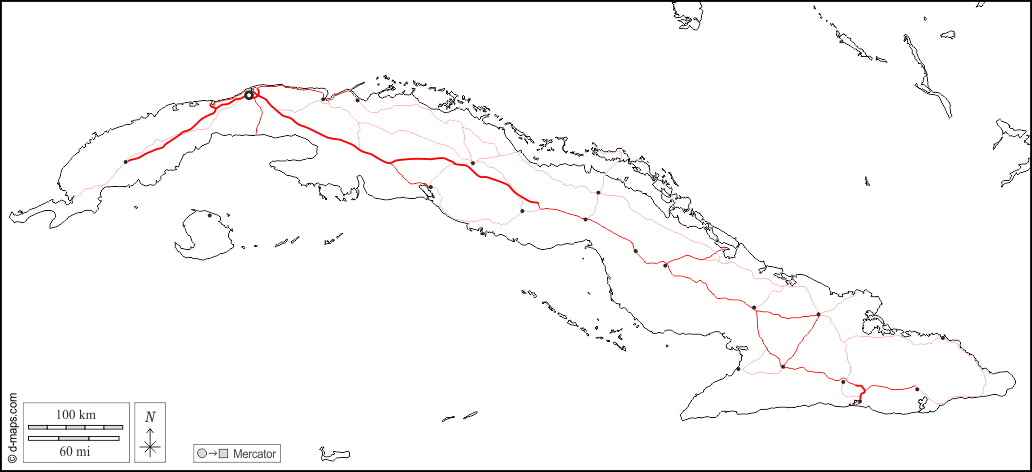 キューバ : d-maps.com: 無料地図, 無料の空の地図, 無料のアウトラインマップ, 無料のベースマップ
 : 境界, 主要都市, 道路, 白い