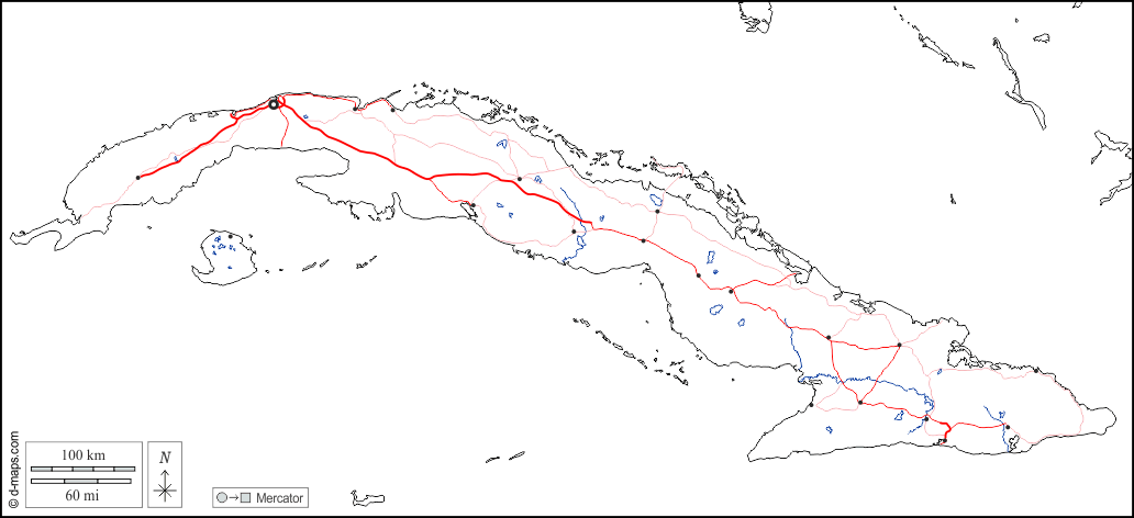 キューバ : d-maps.com: 無料地図, 無料の空の地図, 無料のアウトラインマップ, 無料のベースマップ
 : 境界, 川と湖, 主要都市, 道路, 白い